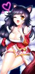  1girl ahri animal_ears bare_shoulders big_breasts black_hair braid breasts cleavage collarbone detached_sleeves facial_mark fang fox_ears fox_tail heart large_breasts league_of_legends long_hair multiple_tails one_eye_closed opalheart open_mouth smile solo tail whisker_markings wink yellow_eyes 