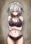 1girl :d big_breasts black_bra black_panties blush bra breast_hold breasts cleavage clenched_teeth crossed_arms female female_only grey_hair headdress izayoi_sakuya kashiru looking_at_viewer maid midriff navel open_mouth panties red_eyes short_hair_with_long_locks smile standing stomach teeth thigh_gap touhou underwear underwear_only