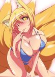  1girl animal_ears bikini blonde_hair blush breasts cleavage fang finger_to_mouth fox_ears fox_tail high_res huge_breasts leaning_forward lips looking_at_viewer multiple_tails muruchi- short_hair side-tie_bikini swimsuit tail touhou yakumo_ran yellow_eyes 