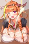  1boy 1girl ;o big_breasts blush breast_grab breasts censored clothed clothed_sex crazy_nirin cum cum_string hetero hololive horns huge_breasts kiryuu_coco long_hair looking_at_viewer male/female massive_breasts orange_hair paizuri penis pov red_eyes sweat virtual_youtuber wink 