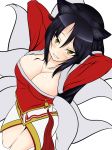 1girl ahri animal_ears big_breasts black_hair blush breasts cleavage detached_sleeves facial_mark fox_ears fox_tail from_above grin kurarika_(artist) league_of_legends long_hair multiple_tails smile solo tail white_background yellow_eyes