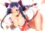  1girl ahri animal_ears bad_id bare_shoulders braid breasts cleavage fox_ears fox_tail heart japanese_clothes jinichu korean_clothes league_of_legends long_hair multiple_tails one_eye_closed purple_hair single_braid solo tail wink yellow_eyes 