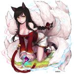  1girl ahri animal_ears bare_shoulders black_hair bottle braid breasts cleavage detached_sleeves facial_mark fox_ears fox_tail high_res ilris kneel league_of_legends long_hair multiple_tails solo tail yellow_eyes 