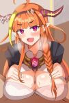  1boy 1girl :o big_breasts blush breast_grab breasts censored clothed clothed_sex crazy_nirin hetero hololive horns huge_breasts kiryuu_coco long_hair looking_at_viewer male/female massive_breasts orange_hair paizuri penis pov red_eyes sweat virtual_youtuber 