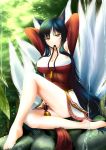  1girl ahri animal_ears barefoot big_breasts black_hair blue_hair breasts cleavage error feet fox_ears fox_tail korean_clothes large_breasts league_of_legends legs long_hair makishima_rin mouth_hold multiple_tails solo sunlight tail toes water yellow_eyes 