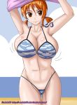  1girl abs alluring bikini breasts endoh69 female female_abs female_only huge_breasts nami one_piece orange_hair short_hair solo swimsuit toned undressing 