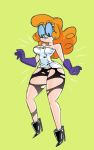  big_breasts black_eyes blush boots breasts cleavage dexter dexter&#039;s_laboratory embarrassing genderswap glasses gloves green_background long_hair looking_down nerd orange_hair shiny shiny_skin solo torn_clothes torn_clothing wardrobe_malfunction 