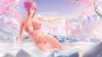  16:9_aspect_ratio 1girl 1girl 1girl alternative_hairstyle big_breasts blue_eyes breasts cherry_blossom high_resolution long_hair lying megurine_luka nipples nude onsen petals pink_hair rock signature songjiangcc very_high_resolution vocaloid wet 