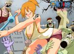  1girl bandage blush breasts cleavage graveyard halter_top halterneck high_res nami one_piece orange_hair tattoo thriller_bark title_drop tombstone weapon wince zombie 