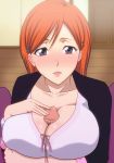  1boy 1girl bleach blush breast_hold breasts censored cleavage hair_ornament hetero highres huge_breasts inoue_orihime kh-fullhouse large_breasts long_hair looking_at_viewer open_mouth orange_hair paizuri paizuri_under_clothes penis penis_under_clothes pov purple_eyes smile sweat 