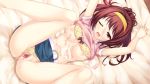 1girl after_sex bed bra_lift breasts brown_hair censored cum cum_on_body game_cg high_res lovesick_puppies maruna_shibasaki_(lovesick_puppies) nipples panties_aside rozen5 solo used_condom