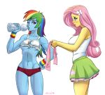 2_girls 2girls big_breasts blue_eyes blush breasts clothing duo female female_only flick-the-thief flick_(artist) fluttershy friendship_is_magic hair human humanized long_hair multicolored_hair multiple_girls my_little_pony one_eye_closed pink_hair plain_background purple_eyes rainbow_dash rainbow_hair skirt white_background