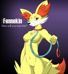  1_anthro 1_female 1_female_anthro 1_girl 5_fingers anthro anthro_canine artist_name breasts canine collar cute english_text female female_anthro fennec fennekin fox front_view fur furry labia leash nintendo nude pokemon pussy red_eyes smile solo standing tail text video_games vixen yellow_fur yiffmasters 
