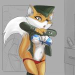  anthro big_breasts bra breasts canine chest_tuft cleavage female fox furry green_eyes hat lt._vixen military_uniform navel oh_shi- panties squirrel_and_hedgehog underwear undressing 