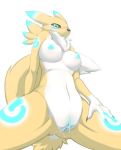  1_anthro 1_female 1_girl 3_fingers alternate_color alternate_version anthro anthro_canine anthro_fox bioluminescence breasts canine clitoris digimon female female_anthro female_anthro_fox female_only female_renamon fox glowing looking_at_viewer looking_down low-angle_view nipples nude pussy pussy_juice renamon solo spread_legs standing tail toei_animation vixen white_fur worm&#039;s-eye_view yellow_fur 