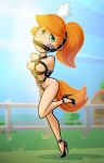  bondage buttplug_tail drew_gardner_(artist) gag green_eyes high_heels kim_possible kimberly_ann_possible long_hair nude outside ponygirl ponyplay ponytail red_hair small_breasts straps 