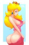  1girl ass blonde blonde_hair blue_eyes breast crown earrings exposed_ass exposed_breast female female_human female_only half-closed_eyes human long_blonde_hair long_hair looking_at_viewer no_bra no_panties partially_clothed princess_peach royalty sideboob solo standing super_mario_bros. 