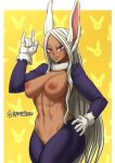  1girl \m/ abs animal_ears areola artist_name big_breasts blue_shirt blue_sleeves border breastless_clothing breasts bunny_ears clothing crossed_legs crossed_legs_(standing) dark-skinned_female dark_skin erect_nipples extremely_large_filesize eyebrows fur_collar gloves hand_on_hip high_resolution inverted_bunnysuit inverted_costume kameseru large_areolae large_filesize light_smile long_hair long_sleeves looking_at_viewer mirko muscle my_hero_academia nipples nose paipan red_eyes revealing_clothes shirt shrug_(clothing) smile standing thick_thighs thighs toned toned_female usagiyama_rumi very_high_resolution white_border white_gloves white_hair yellow_background 