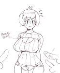 1girl 3boys big_breasts blush bob_cut breasts buttholemagick erection huge_breasts male/female momoko_(buttholemagick) monochrome shocked short_hair sketch standing testicle tight_clothing 