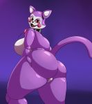  1girl anthro artist_signature ass big_ass big_breasts blue_background bowtie breasts cat cindy_(fnac) five_nights_at_candy&#039;s five_nights_at_freddy&#039;s furry hb-viper huge_ass looking_at_viewer multicolored_body open_mouth original_character purple_skin rear_view red_eyes robot tail thick_thighs whiskers white_skin 