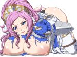  1girl 3: all_fours armor armored_dress ass bdsm big_breasts black_panties blue_eyes blush bondage bound bound_arms bound_legs breasts dokidoki!_precure gloves huge_breasts humiliation large_breasts lipstick long_hair makeup marie_ange masa_yuki nipples panties precure puffy_nipples purple_hair rope simple_background solo stockings thighhighs torn_clothes underwear wedgie white_background white_legwear yukimasa_(nkk145) 
