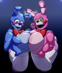 1girl 2_girls anthro areola artist_signature big_breasts blue_skin bon_bon_(fnaf) bonnet_(fnaf) bowtie breast_press breasts bunny five_nights_at_freddy&#039;s five_nights_at_freddy&#039;s:_sister_location fnaf_sister_location funtime_freddy_(fnaf) green_eyes hb-viper huge_breasts lagomorph looking_at_viewer open_mouth pink_skin puppet purple_eyes red_cheeks shiny_skin symmetrical_docking