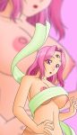 1girl big_breasts blowup_background breasts haru_(hall) magical_drop monster_girl naked_ribbon nipples nude open_mouth pink_eyes pink_hair ribbon short_hair smile solo surprise surprised third_eye wardrobe_malfunction world world_(magical_drop) zoom_layer