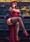  1girl big_breasts crossed_legs_(sitting) dress female female_only flowerxl gloves hair_over_one_eye high_heels jessica_rabbit long_gloves looking_at_viewer red_dress red_high_heels sitting solo stockings thighs who_framed_roger_rabbit 