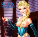 1girl blonde_hair blue_eyes braid breasts collar corset disney elsa_(frozen) eromaxi eromaxi_(artist) exposed_breasts female female_only frozen_(movie) indoors leash looking_at_viewer mostly_nude nipple_rings solo