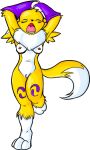 1girl 3_toes anthro anthro_canine anthro_fox anthro_vixen arm_warmers arms_above_head canine closed_eyes detached_sleeves digimon female female_anthro female_anthro_fox female_renamon fox fur furry labia nipples nude one_leg_up open_mouth pussy renamon small_breasts solo standing tail teen toei_animation vixen white_fur yellow_fur yin_yang young