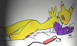  1_anthro 1_female 1_female_anthro 1_girl anthro anthro_canine anthro_fox anthro_vixen arm_warmers artist_name blue_eyes blush canine detached_sleeves digimon dildo female female_anthro female_anthro_fox female_renamon fox fur furry looking_at_viewer lowres lying ml nude pussy_juice renamon small_breasts solo toei_animation vixen white_fur yellow_fur yin_yang 