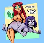  2_girls 2girls anger breasts dc_comics duo female female_only forehead_jewel green_eyes looking_at_another looking_back lying lying_on_stomach mythabyss nipples nude on_lap raven_(dc) red_ass red_butt red_hair spank spanked spanking starfire teen_titans unsure 