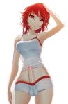  1girl artist_request bare_shoulders boyshorts bulge character_request futanari midriff navel penis precum red_eyes red_hair short_shorts shorts solo source_request tank_top testicle testicles white_shorts 