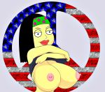  american_dad hayley_smith huge_breasts nipple_piercing peace_symbol peace_symbol_poster piercing raised_shirt yellow_skin 