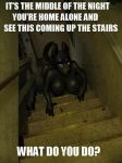  all_fours anthro big_breasts black_fur breasts canine dialog dog english_text female from_above furry image_macro looking_at_viewer nipples nude purevil room shiny solo stairs text 