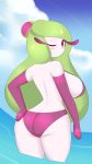  1_girl 1girl ass big_breasts bra breasts female female_only female_pokemon green_hair long_hair looking_at_viewer mostly_nude one_eye_closed outdoor outside panties pokemon red_eyes solo standing standing_in_water tsareena 