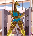 blue_eyes clothing exercise female furry giraffe gym huge_breasts long_neck long_tongue looking_at_viewer original original_character spots tall ticklishways tongue zack_dragon zackdragon_(artist) zp92