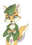  2013 alpha_channel america breasts canine clothed clothing debriefing eyewear female fox glasses green_eyes half-dressed hat it&#039;s_always_that_last_fucking_button jacket lt._vixen military panties squirrel_and_hedgehog thigh_gap tongue underwear weapon 