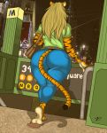 1girl 2013 ass belt big_ass black_skin blonde_hair city claws clothed clothing color english_text feline female female_only flip_flops furry hair handbag hindpaw huge_breasts jeans long_hair orange_skin original original_character outside pants paws shirt solo standing stripes subway text thick_thighs thighs tiger tight_clothing voluptuous wide_hips zack_dragon zackdragon_(artist) zp92