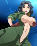  1girl areola_slip areolae bad_id banboro_(technobot) big_breasts black_hair breast_grab breasts covered_nipples erect_nipples from_below ginga_kikoutai_majestic_prince gloves grabbing hand_on_hip large_breasts long_hair looking_down majestic_prince navel nipples no_bra open_clothes open_mouth pose reika_saionji saionji_reika_(majestic_prince) shiny shiny_skin sleeves_rolled_up solo yellow_eyes zipper 