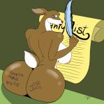ass_text blue_eyes body_writing breasts english_text feather female frown huge_ass huge_breasts looking_back nipples original quill reindeer rudolph sideboob text ticklishways writing zack_dragon zackdragon_(artist) zp92