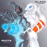 2011 anthro ass asymmetrical_docking big_breasts black_hair black_skin black_wings blue_eyes blue_sclera breast_squish breasts creatures_(company) dragon dragon_type_pokemon female female/female female_only fire_type_pokemon game_freak gen_5_pokemon glowing glowing_eyes huge_breasts legendary_pokemon looking_at_viewer looking_back nintendo nipples nude open_mouth pokemon pokemon_(anime) pokemon_(creature) pokemon_(game) pokemon_(species) pokemon_black_2_&amp;_white_2 pokemon_black_and_white pokemon_bw pokemon_bw2 pokemorph porkyman red_eyes red_sclera reshiram smile standing tail thighs ticklishways video_games white_hair white_nipples white_skin white_wings wings yuri zack_dragon zackdragon_(artist) zekrom zp92