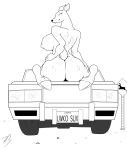 ass big_ass big_breasts black_and_white breasts car cervine deer female huge_breasts line_art looking_at_viewer looking_back looking_behind monochrome original original_character sideboob sign sitting solo ticklishways zack_dragon zackdragon_(artist) zp92
