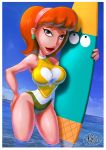  1girl female_only fernando_faria_(artist) linda_flynn-fletcher looking_at_viewer phineas_and_ferb solo_female surfboard swimsuit tagme 