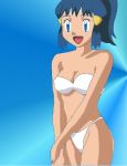  1girl :d alluring arm arms art bare_arms bare_legs bare_shoulders bikini blue_eyes blue_hair breasts cleavage dawn hair_ornament happy legs medium_breasts midriff neck nintendo open_mouth pokemon pokemon_(anime) pokemon_(game) pokemon_dppt ponytail short_hair smile standing strapless strapless_bikini strapless_swimsuit swimsuit v_arms white_bikini white_swimsuit 