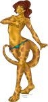 anthro bikini breasts cover_up gecko green_eyes leopard_gecko lizard ponytail red_hair reptile scalie smile solo topless 