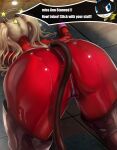  1girl 1girl akira_kurusu ann_takamaki ass big_ass blonde_hair bodysuit dat_ass english_text female_only gloves high_res high_resolution knocked_out latex limgae morgana_(persona) panther_(saber_j) persona persona_5 shiny shiny_suit straight tail text theif_suit(p5) top-down_bottom-up twin_tails zipper 
