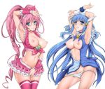  2_girls 2girls aoki_reika areolae arm_up armpits arms_up big_breasts blue_eyes blue_hair blush bow breasts breasts_outside choker collarbone cure_beauty cure_melody cyclone earrings embarrassed female frills hair_tubes hands head_wings heart houjou_hibiki jewelry large_breasts long_hair looking_at_viewer magical_girl mound_of_venus multiple_girls navel nipples open_clothes open_mouth panties panty_pull pink_bow pink_hair pink_legwear pose precure simple_background skindentation skirt smile_precure! standing stockings suite_precure sweat tears thigh_gap thighhighs thighs tiara twin_tails twintails underwear very_long_hair white_background white_panties wrist_cuffs 