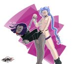 2_girls 2girls ambiguous_penetration arms_behind_back ball_gag bondage breasts chains collar crossover dc_comics domination female female_only femdom jinx_(league_of_legends) league_of_legends raven_(dc) shrike strap-on teen_titans