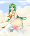  1girl absurdres ass big_breasts breasts chenge-getter crown cute female_only green_eyes green_hair highres huge_ass jewelry kid_icarus legs long_hair lots_of_jewelry nintendo off_shoulder palutena panties sexy_legs shield solo solo_female stockings thighhighs tiara underwear very_long_hair white white_panties 